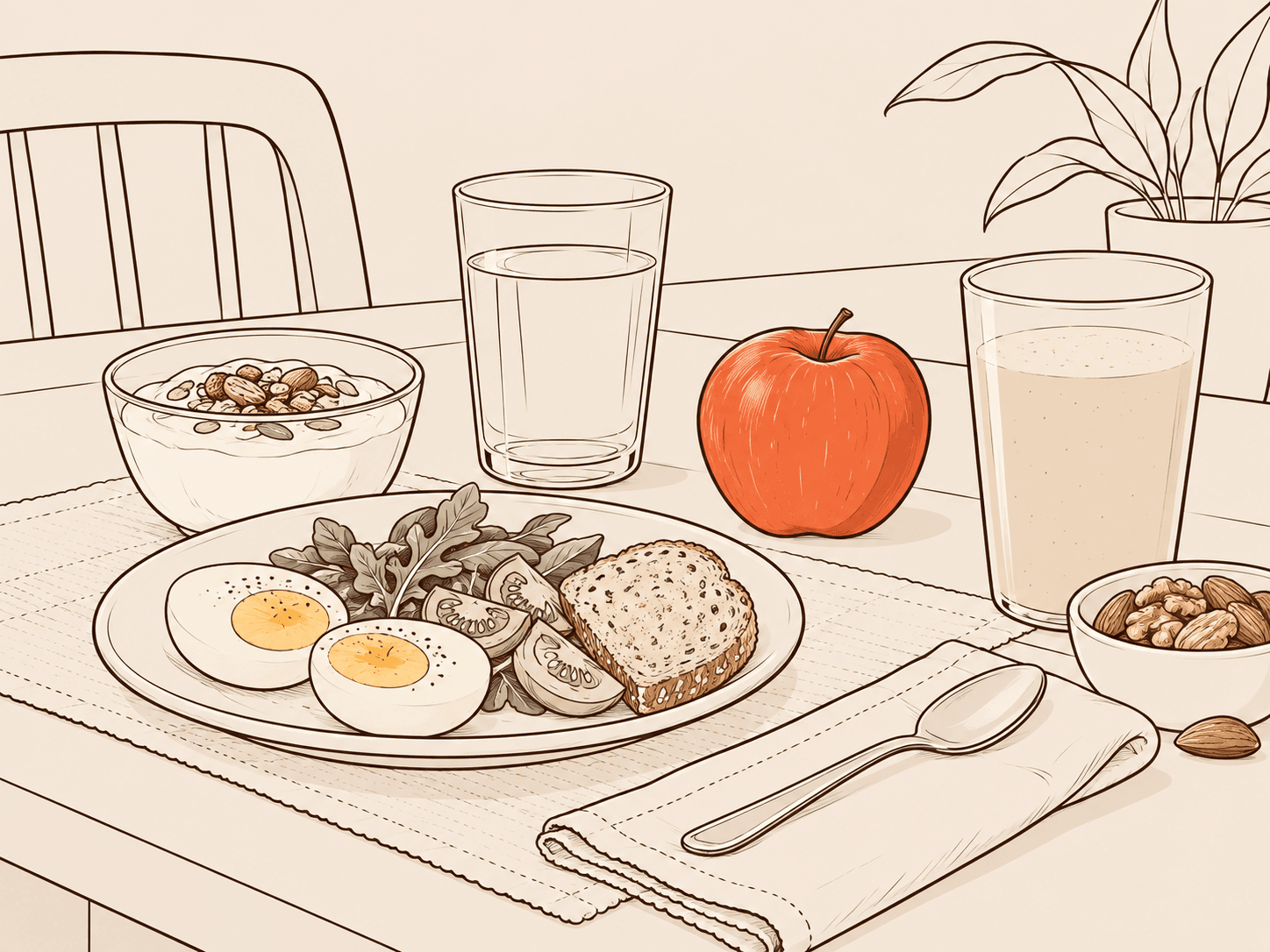 Mesa de café da manhã com ovos cozidos, pão integral, iogurte com castanhas, leite, fruta e um copo de água