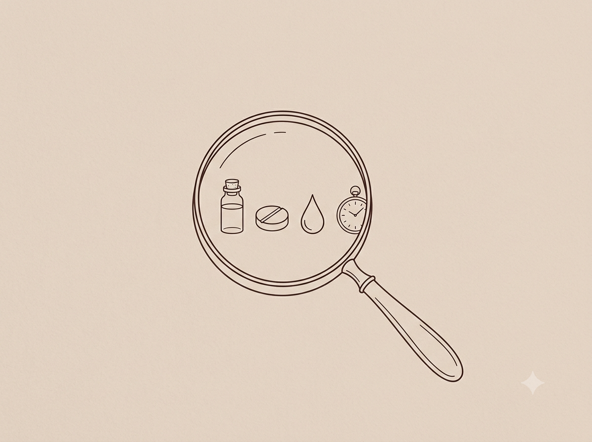 Ilustração em line art de uma lupa ampliando um frasco, um comprimido, uma gota e um relógio de bolso