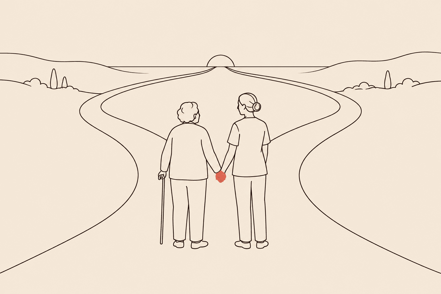 Médico e pessoa idosa escolhem juntos entre dois caminhos que levam ao mesmo horizonte.