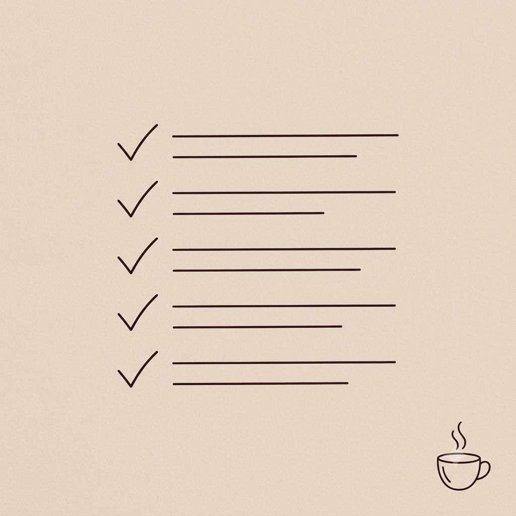 Ilustração em line art de uma lista com itens marcados e uma xícara de café ao lado