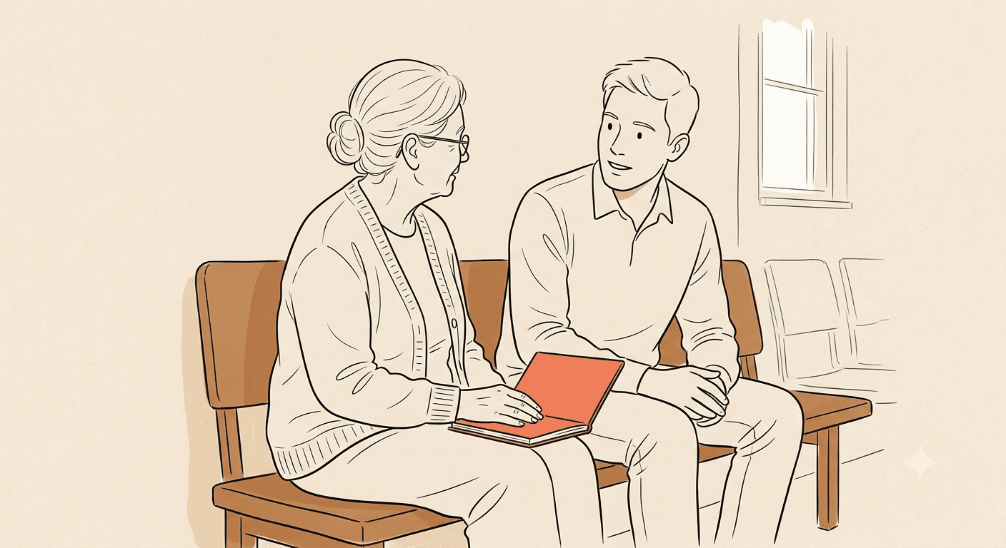 Ilustração em line art de uma pessoa idosa e um familiar sentados lado a lado, em conversa