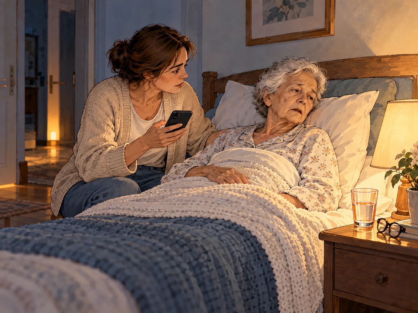 Uma mulher ao lado da cama de uma senhora sonolenta e confusa, com o telefone na mão, numa penumbra com abajur, copo d'água e óculos na mesa de cabeceira.