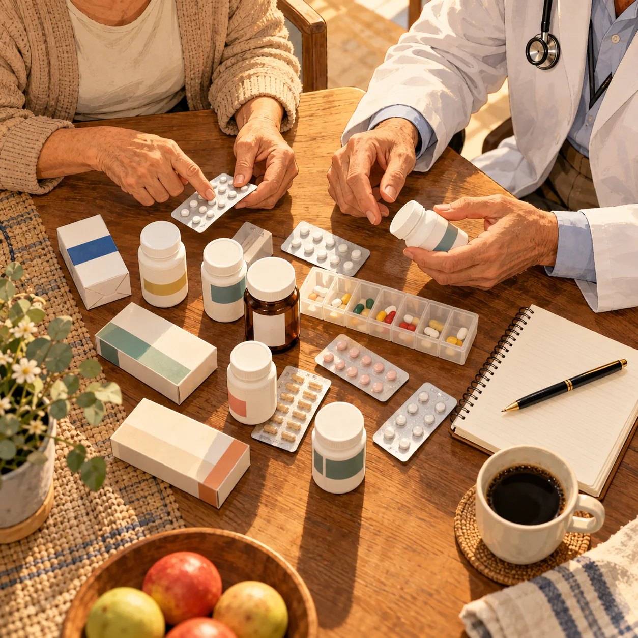 Mãos de uma senhora e de um médico separando caixas, frascos e cartelas de remédios sobre uma mesa de madeira, com um caderno e uma xícara de café.