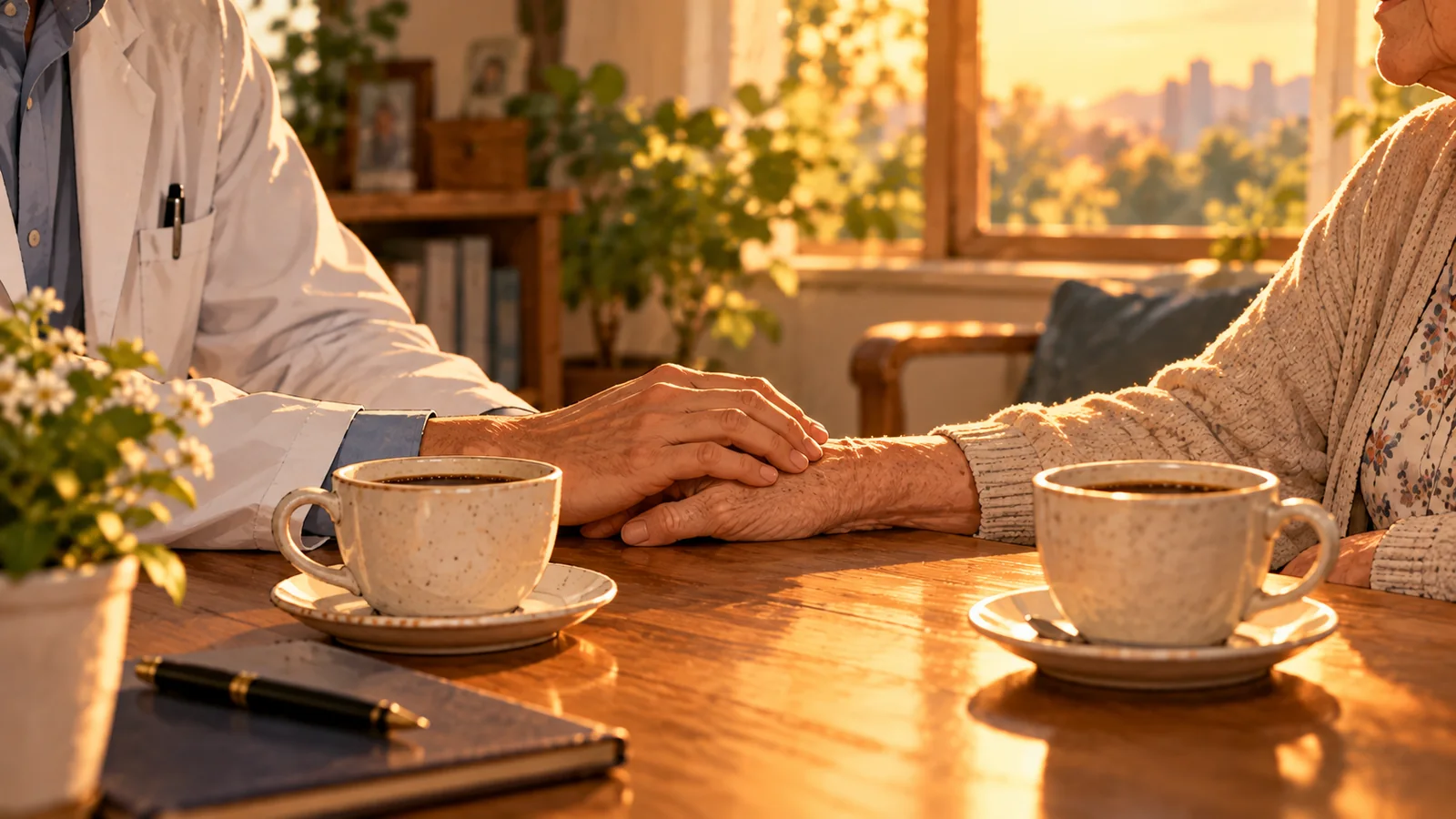 Duas xícaras de café numa mesa de madeira, e as mãos de um médico e de uma pessoa idosa sobrepostas, com a luz dourada da tarde ao fundo.