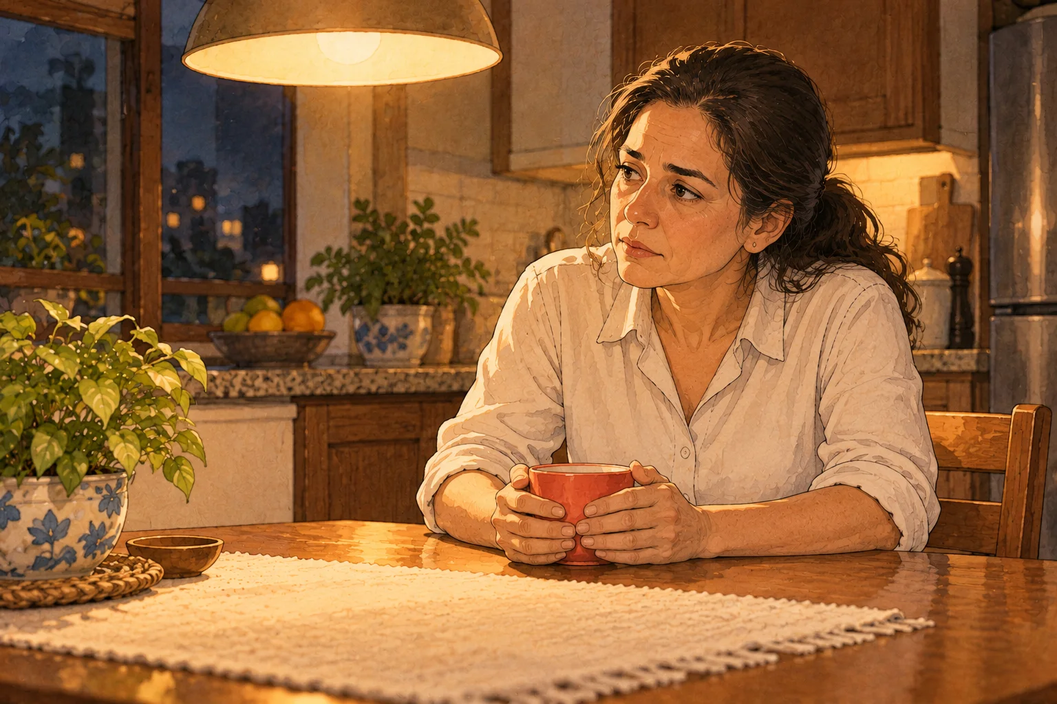 Filha sentada sozinha à mesa da cozinha, à noite, com uma caneca de chá nas mãos e o olhar cansado, sob uma luminária acesa.