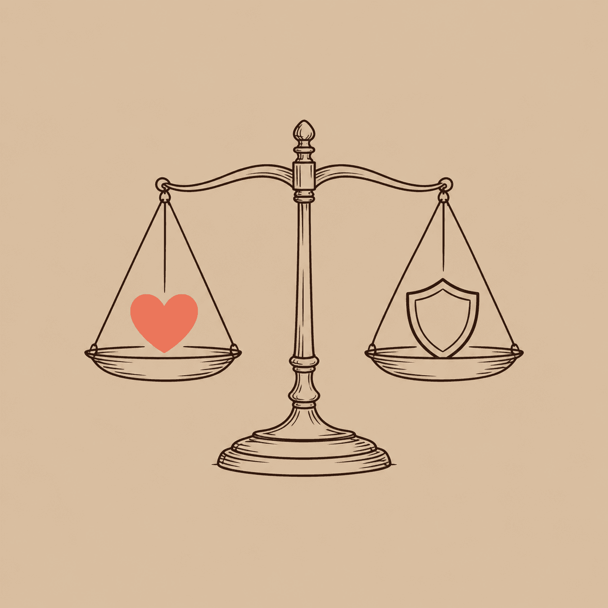 Ilustração em line art de uma balança equilibrando um coração e um escudo