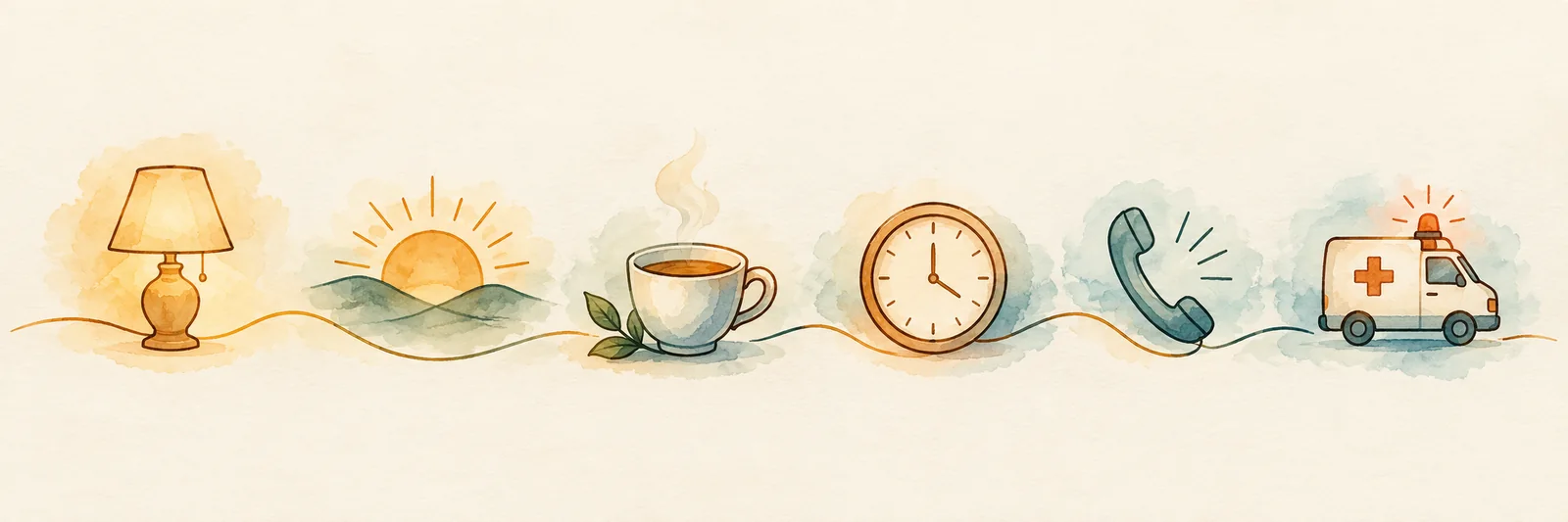 Ícones em aquarela: abajur, sol nascendo, xícara de chá, relógio, telefone e ambulância.