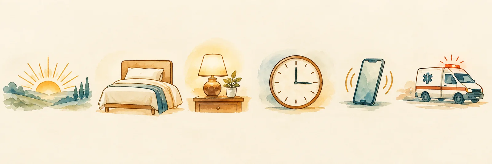 Ícones em aquarela: sol nascendo, cama, abajur, relógio, celular e ambulância.