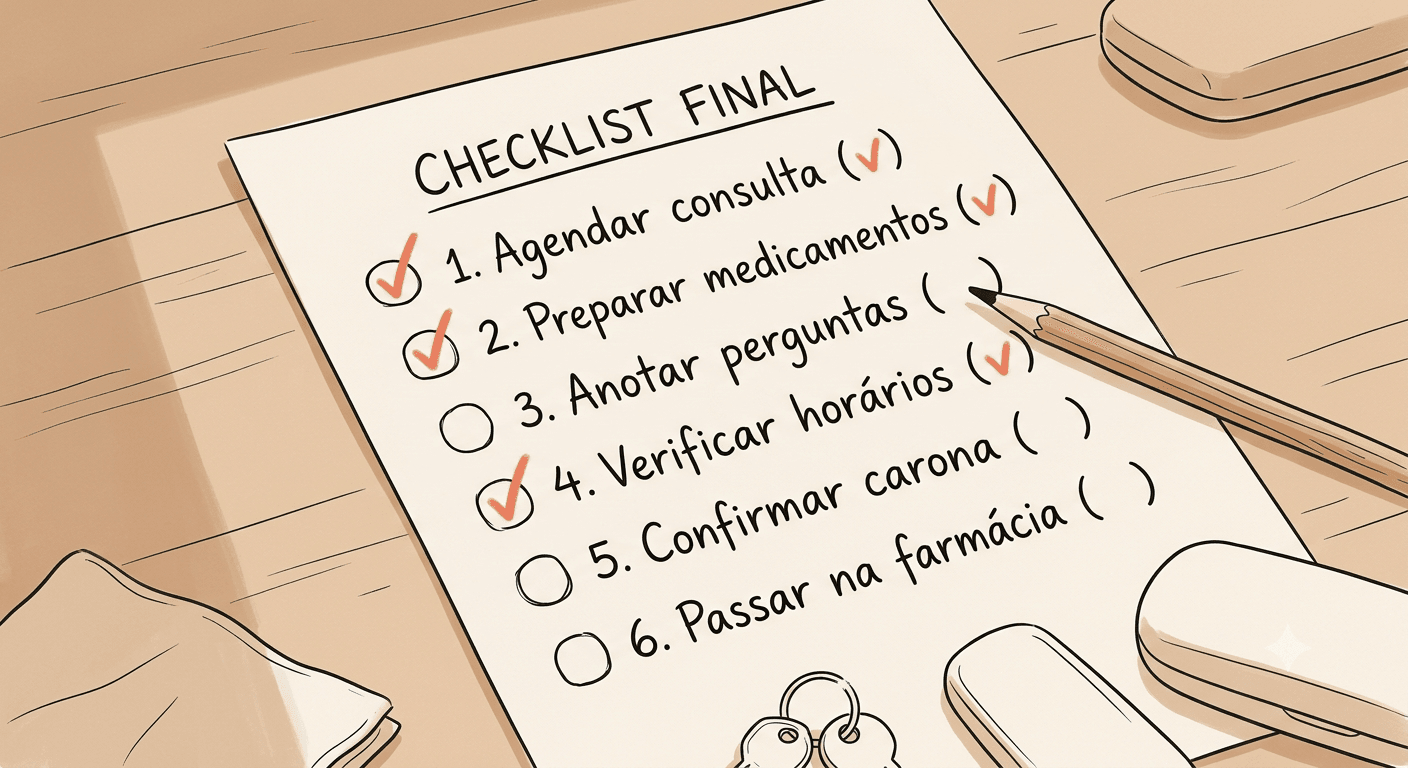Ilustração em line art de um checklist manuscrito sobre a mesa, com alguns itens já marcados, ao lado de um lápis e chaves de casa