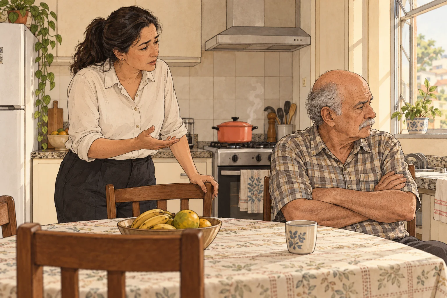 Cozinha: um idoso sentado à mesa, de braços cruzados e rosto virado; a filha, em pé, gesticula; no fogão, uma panela com acento coral.