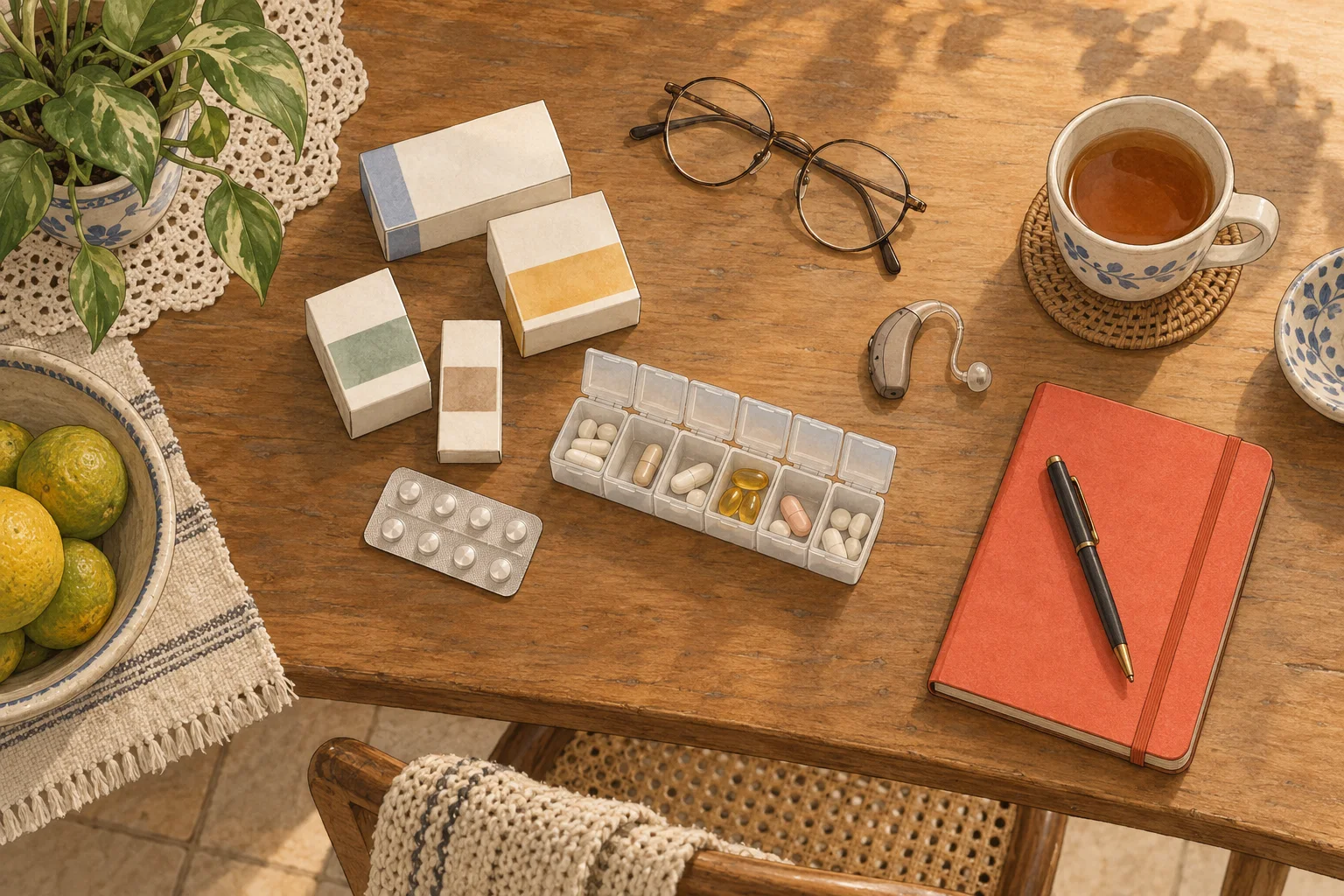 Mesa vista de cima com caixas de remédio, um organizador de comprimidos, óculos, um aparelho de audição, uma xícara de chá e um caderno de anotações com caneta.