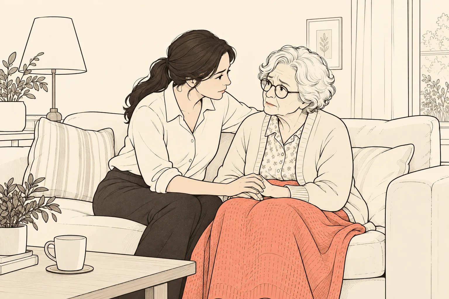 Filha sentada ao lado da mãe, de mãos dadas, conversando em voz baixa; a mãe, com uma manta coral sobre os joelhos, já parece mais calma.