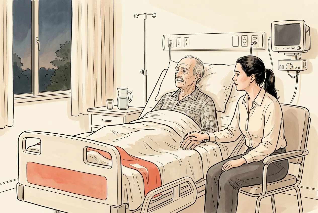 Quarto de hospital ao entardecer: um idoso de camisa xadrez olha para a janela, sem reagir; a filha, sentada ao lado, segura a mão dele e o observa com preocupação.