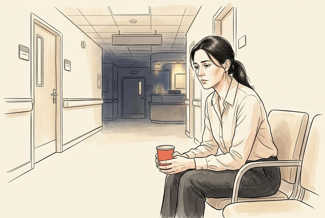Filha sozinha numa cadeira do corredor do hospital, à noite, com um copo coral nas duas mãos, cansada e pensativa.