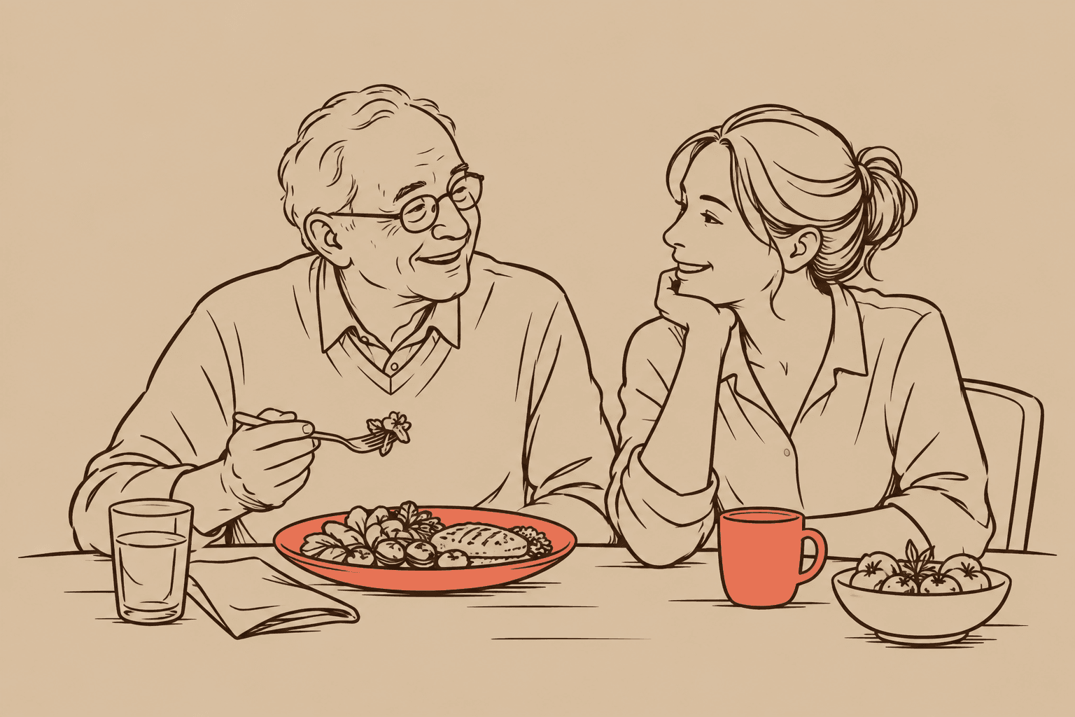 Ilustração em line art de um idoso e um familiar sorrindo à mesa durante uma refeição simples