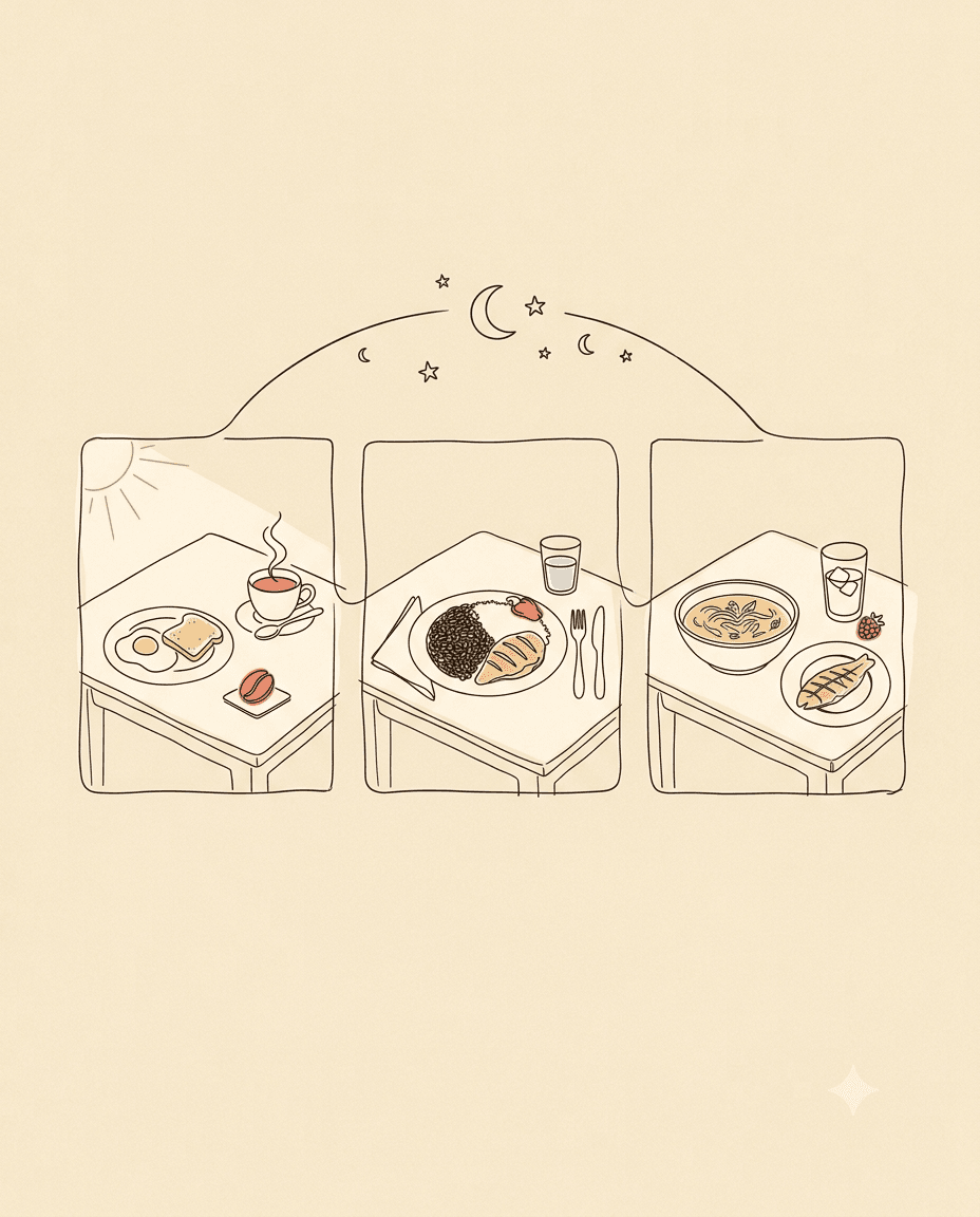 Três refeições do dia — café da manhã, almoço e jantar — cada uma com uma fonte de proteína no prato.