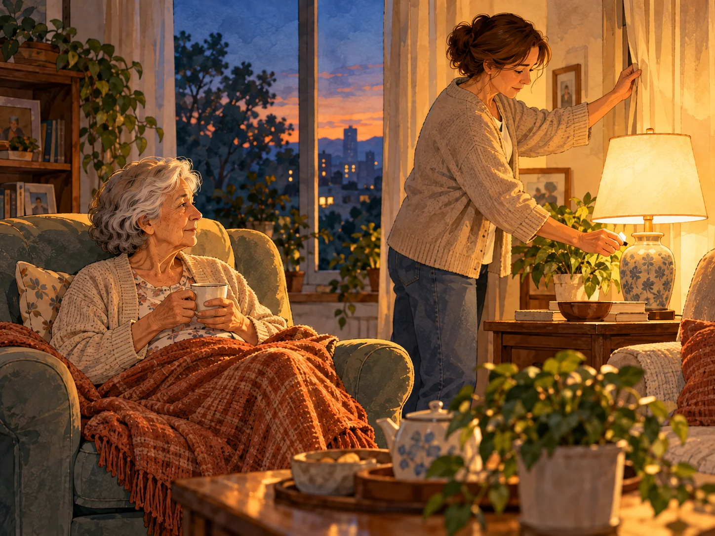 Sala ao entardecer: uma mulher acende o abajur e puxa a cortina, enquanto uma senhora, na poltrona com manta e xícara de chá, a observa com calma.