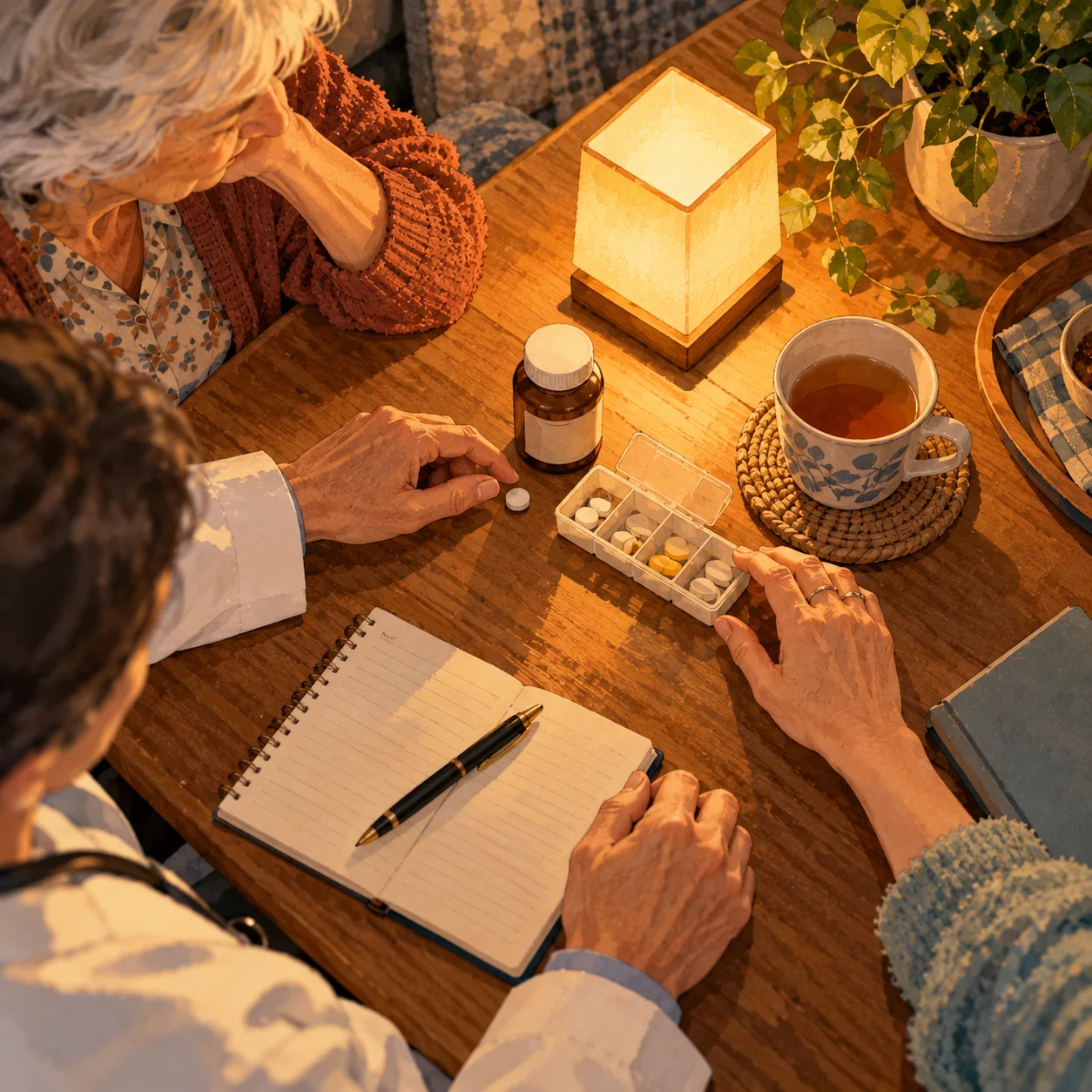 Mesa de madeira à luz de um abajur, com uma caixa de comprimidos, um frasco sem rótulo legível, um caderno e uma xícara de chá; as mãos de um médico e de uma familiar organizam tudo juntos.