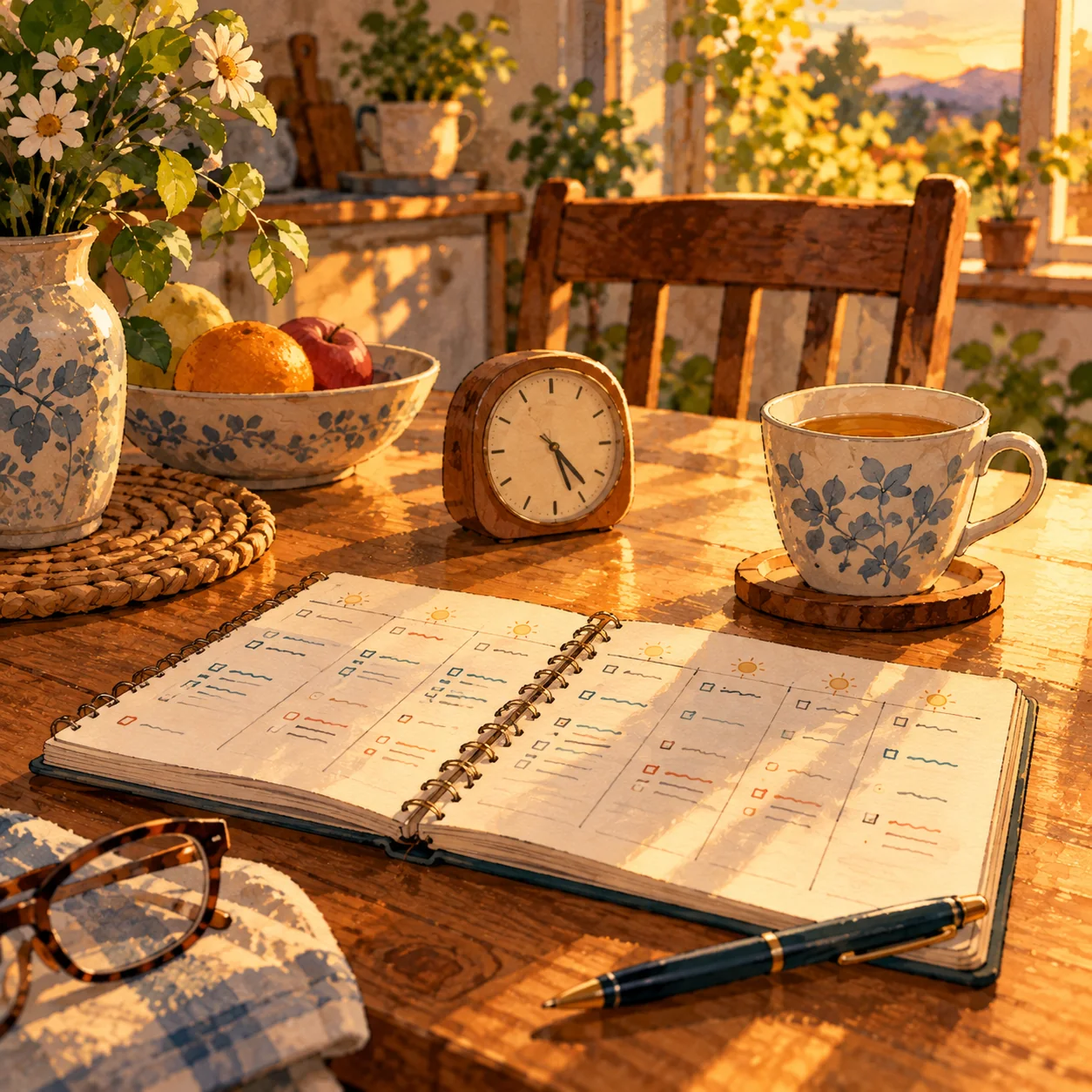 Caderno aberto com uma semana de anotações em colunas, ao lado de um relógio, uma xícara de chá e óculos, numa mesa iluminada pelo fim da tarde.