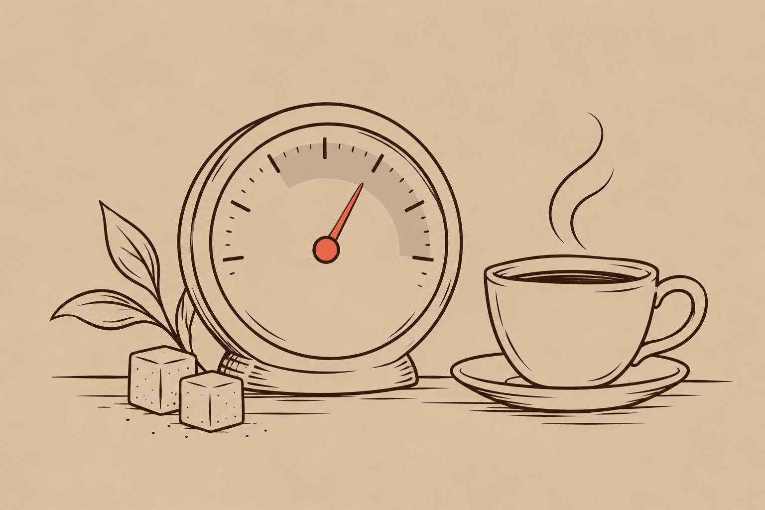 Ilustração em line art de um medidor estilizado com o ponteiro numa faixa confortável, ao lado de uma xícara de café