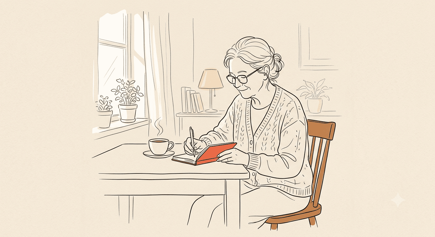 Ilustração em line art de uma pessoa idosa sentada à mesa de casa, anotando em um caderno ao lado de uma xícara de café