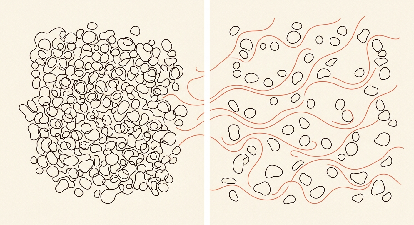 Ilustração em line art comparando células compactas e células espaçadas com linhas de fluxo passando entre elas