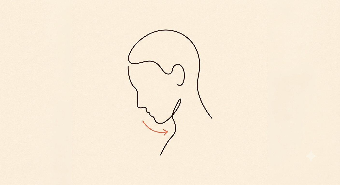Ilustração em line art de um perfil com o queixo levemente inclinado para baixo, indicando o movimento chin-tuck
