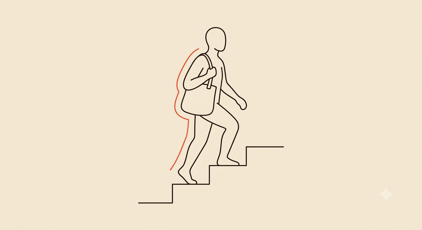 Ilustração em line art de uma pessoa subindo escadas carregando uma bolsa