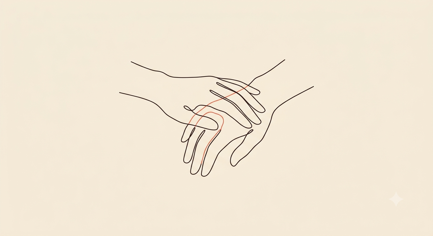 Ilustração em line art de duas mãos entrelaçadas suavemente