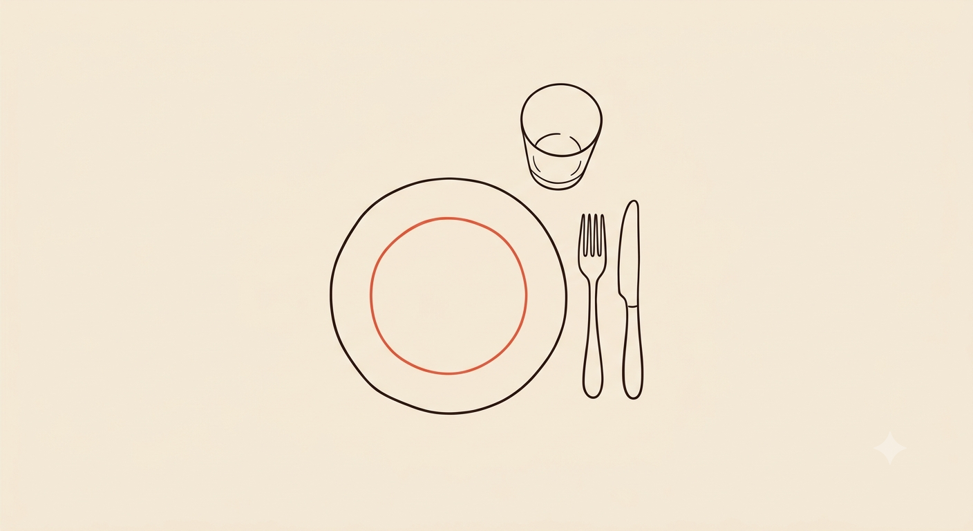 Ilustração em line art de uma mesa posta vista de cima, com prato, talheres e copo