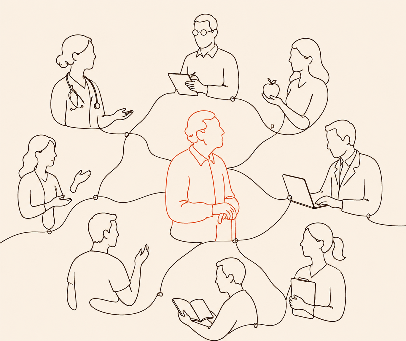 Ilustração em line art de uma pessoa idosa no centro de uma rede de profissionais de saúde