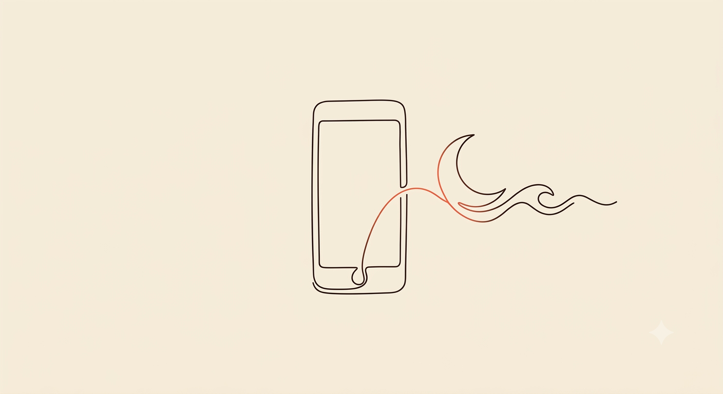 Ilustração em line art de um celular com uma linha se transformando em lua crescente
