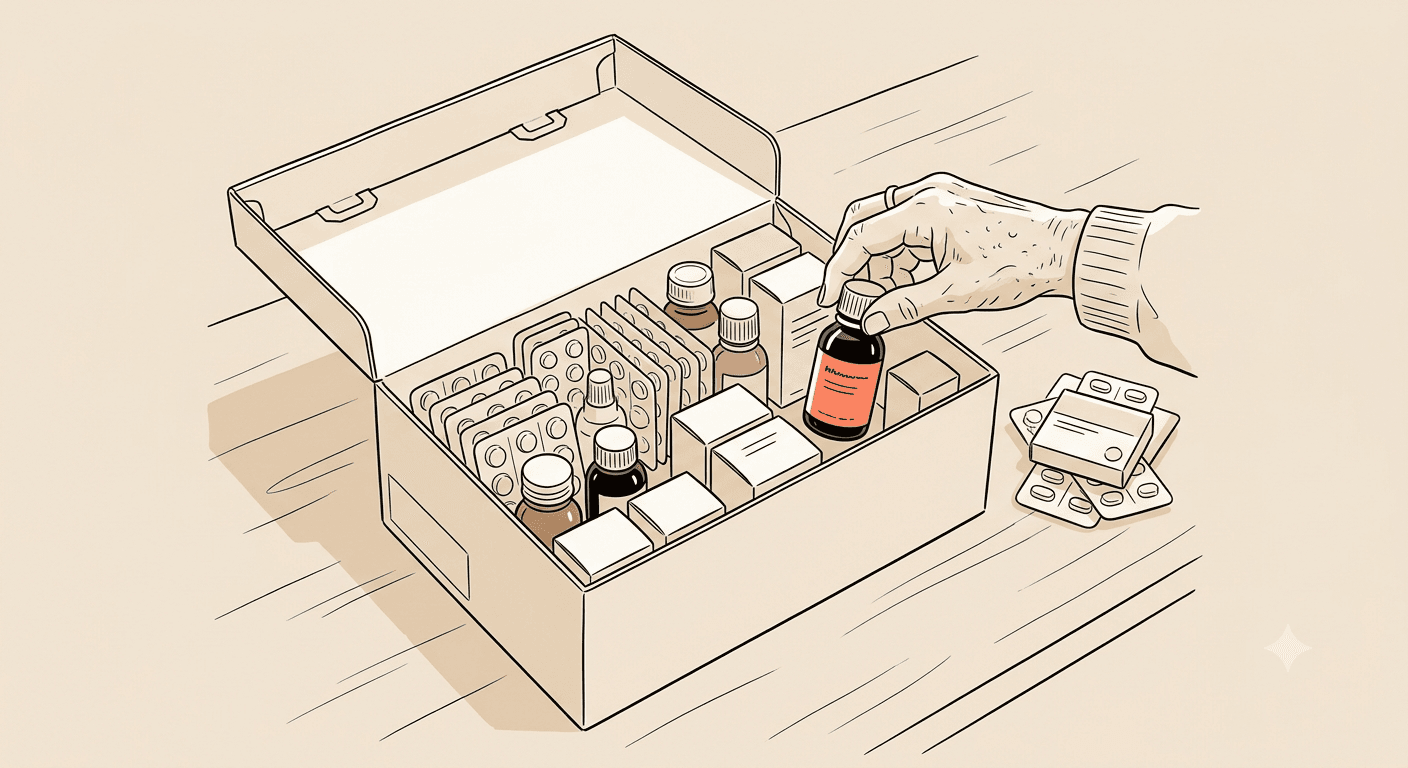 Ilustração em line art de uma mão organizando uma caixa aberta com frascos e cartelas de remédio dispostos de forma organizada