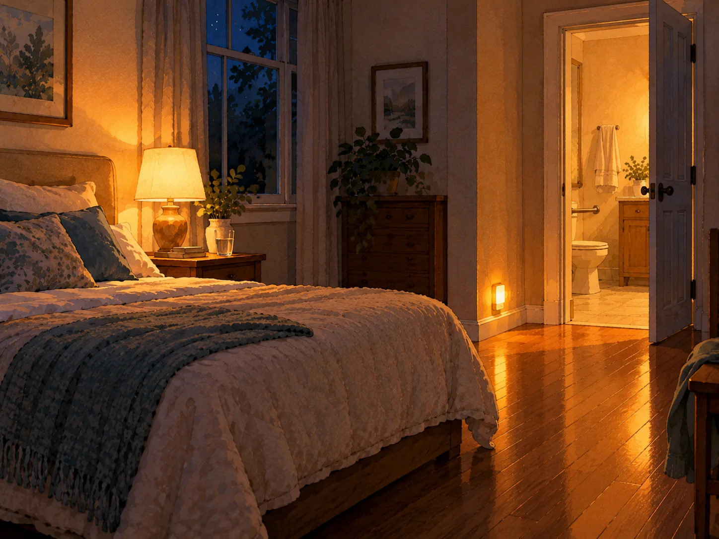 Quarto à noite com a cama arrumada, um abajur de luz baixa, um copo d'água na mesa de cabeceira e uma luz de tomada no rodapé indicando o caminho até o banheiro.