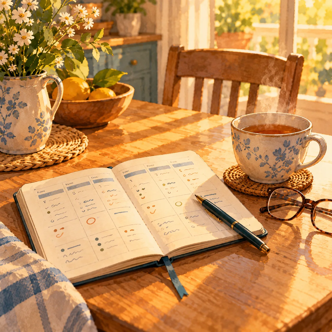 Caderno aberto com uma grade de anotações de vários dias, ao lado de uma xícara de chá fumegante, uma caneta e óculos, numa mesa iluminada pelo sol da manhã.