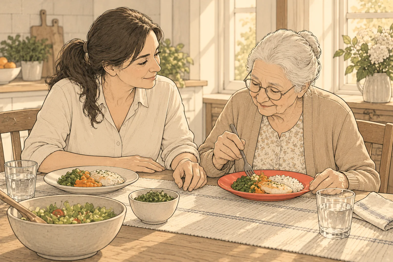 Filha sentada ao lado da mãe à mesa da cozinha; as duas comem, num ambiente calmo, sem televisão; o prato da mãe é de cor que contrasta com a comida.
