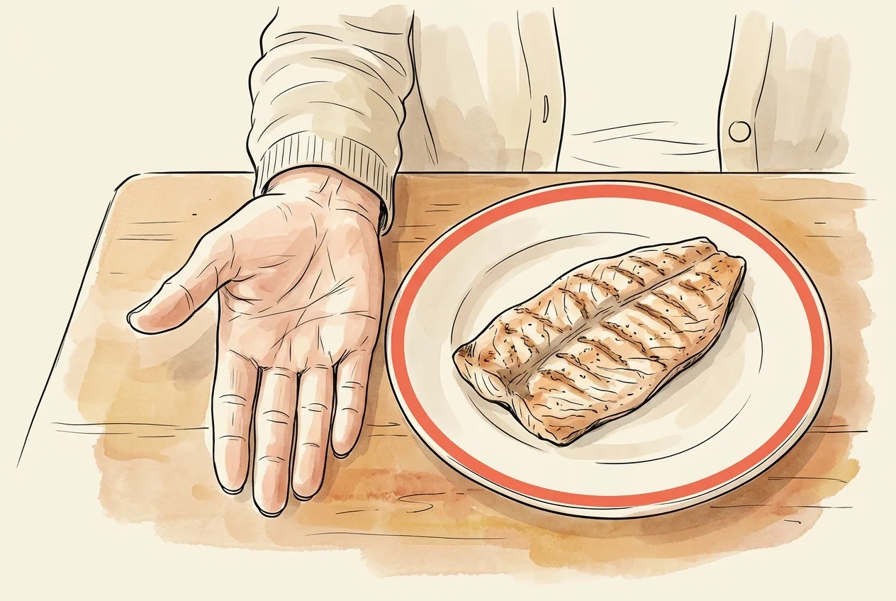 Mão aberta de idosa ao lado de um filé de peixe grelhado em um prato, mostrando que a porção tem o tamanho da palma.