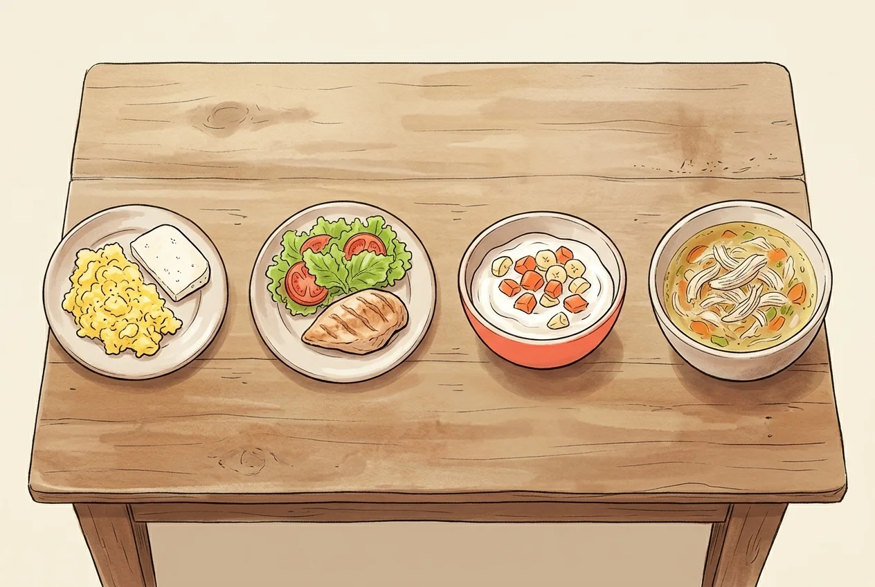 Quatro pratos pequenos vistos de cima, um para cada refeição do dia: ovos mexidos, frango com salada, iogurte com fruta e sopa com frango desfiado.