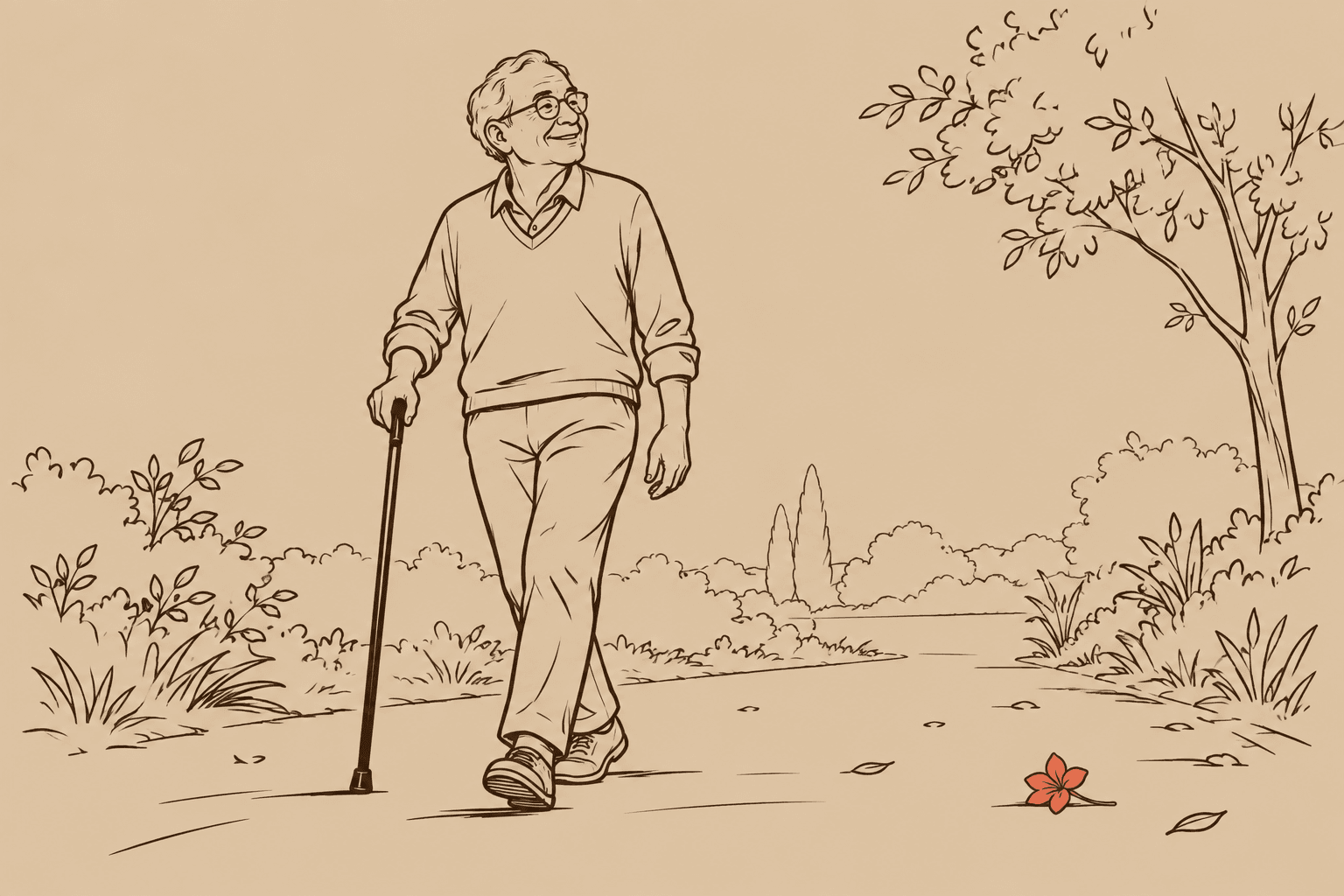 Ilustração em line art de um idoso caminhando com bengala em um jardim tranquilo, sem grades ou obstáculos